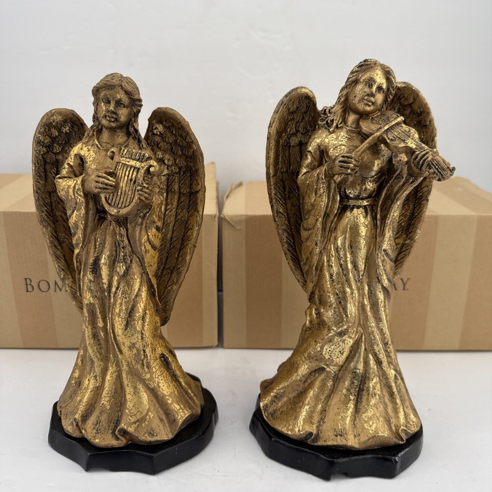 2 Vtg Christmas Gold Gilt Angel Stocking Holders Bombay Co. Heavy Resin Harps